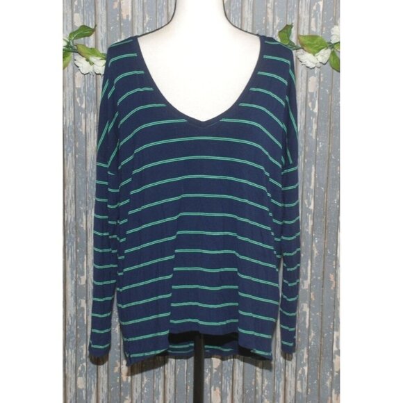 Aerie Ladies L Knit Top Navy Blue & Green Striped V-Neck Stretch Viscose Popover - Picture 1 of 7